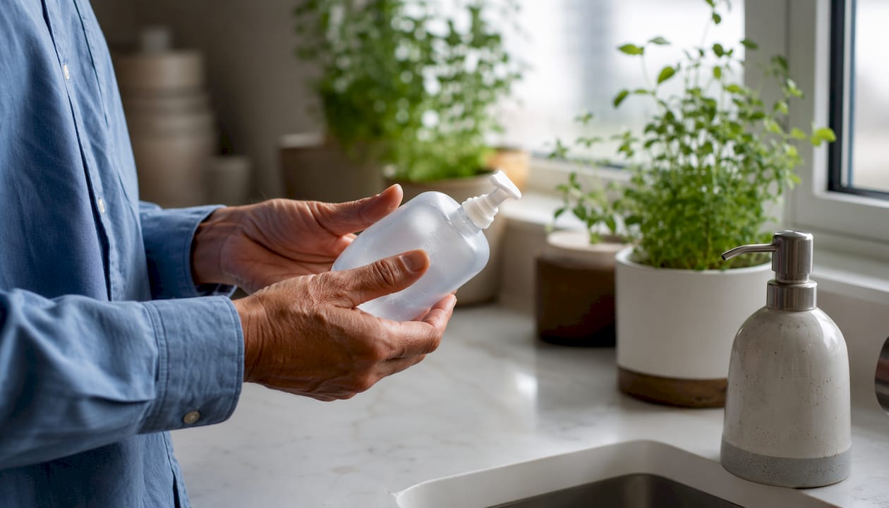 Person holding a clear soap refill bottle near a vanity pump dispenser and sink
