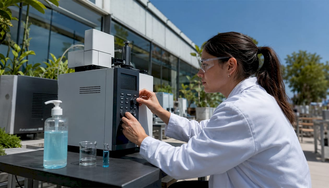 Technician testing hand sanitiser alcohol concentration in lab