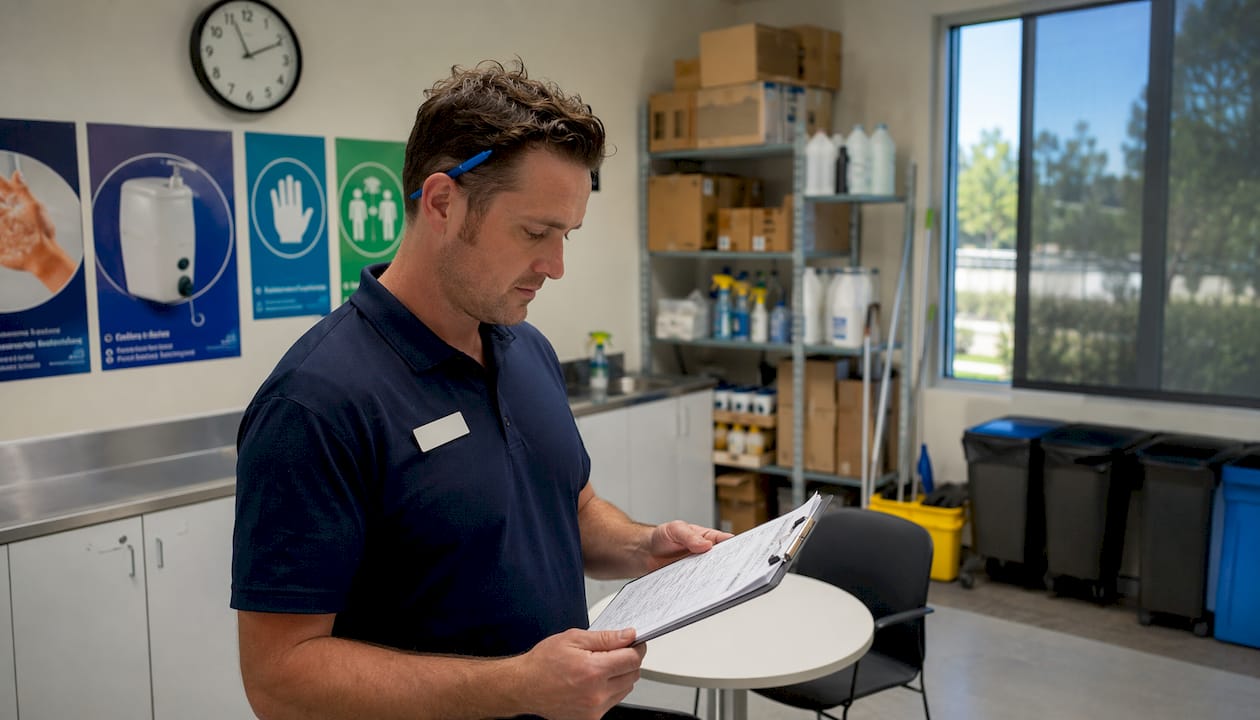 Ozifresh hygiene technician reviewing a service checklist in a commercial utility room