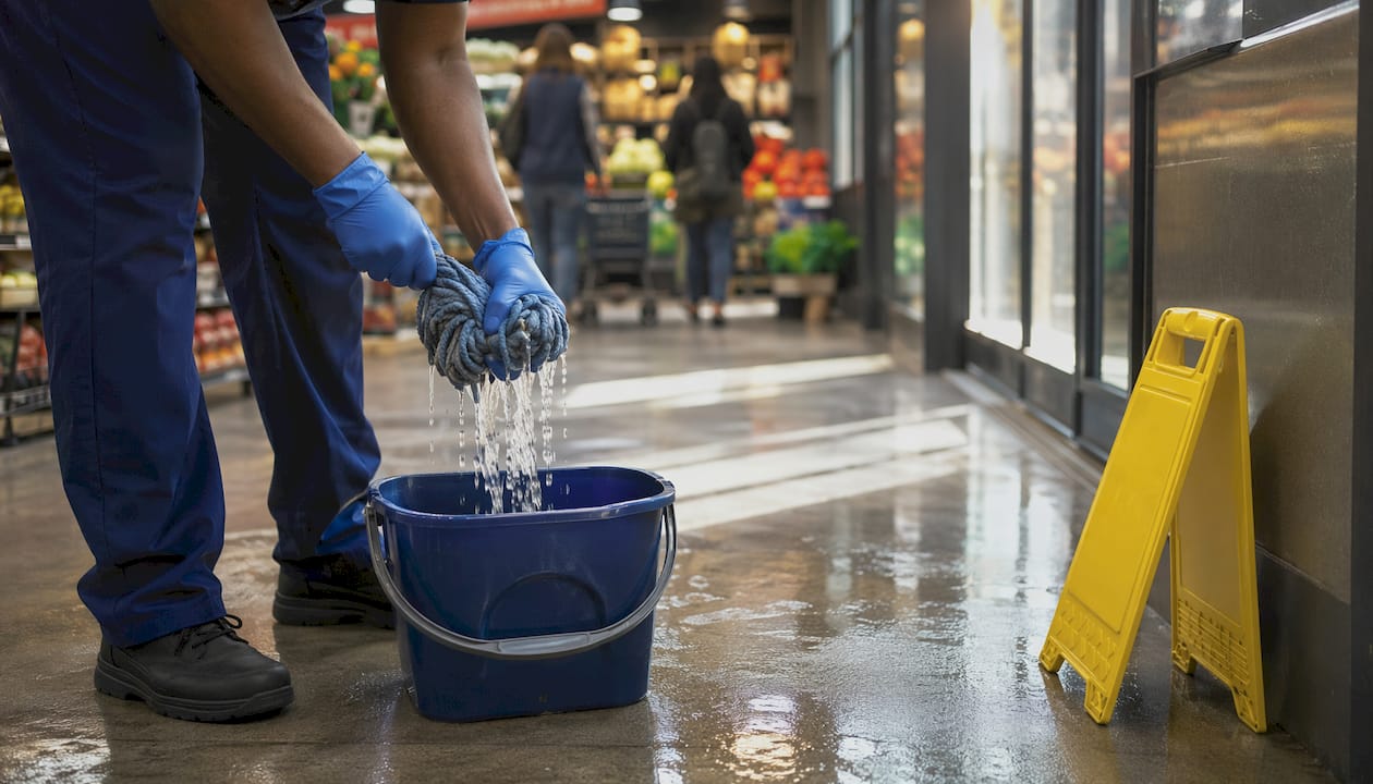 Hands mopping floor near wet-floor sign