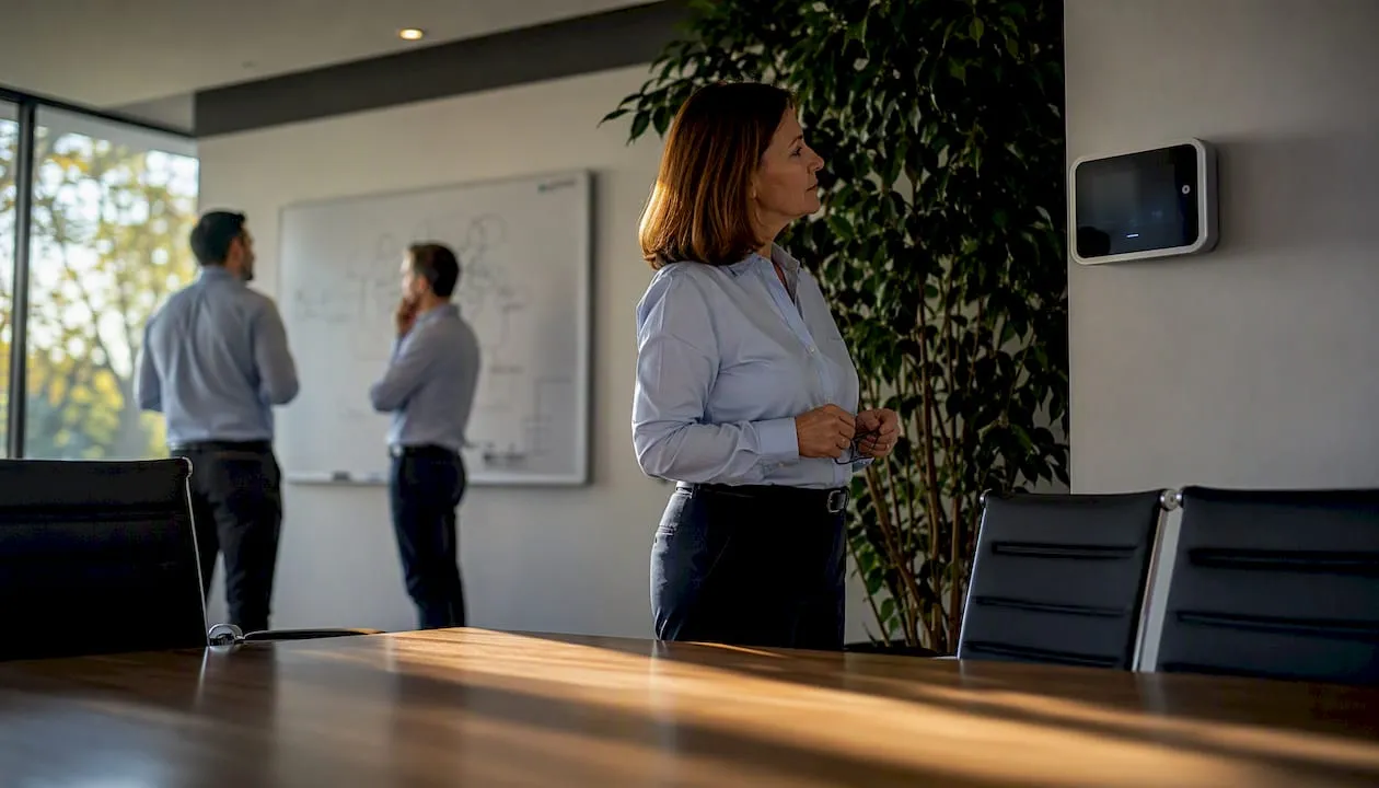 Woman standing near a wall-mounted digital air quality monitor in a corporate meeting room