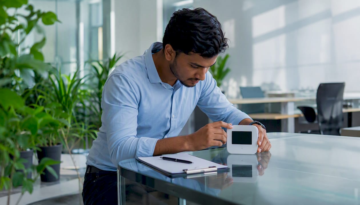 Technician adjusting CO2 and humidity sensor device