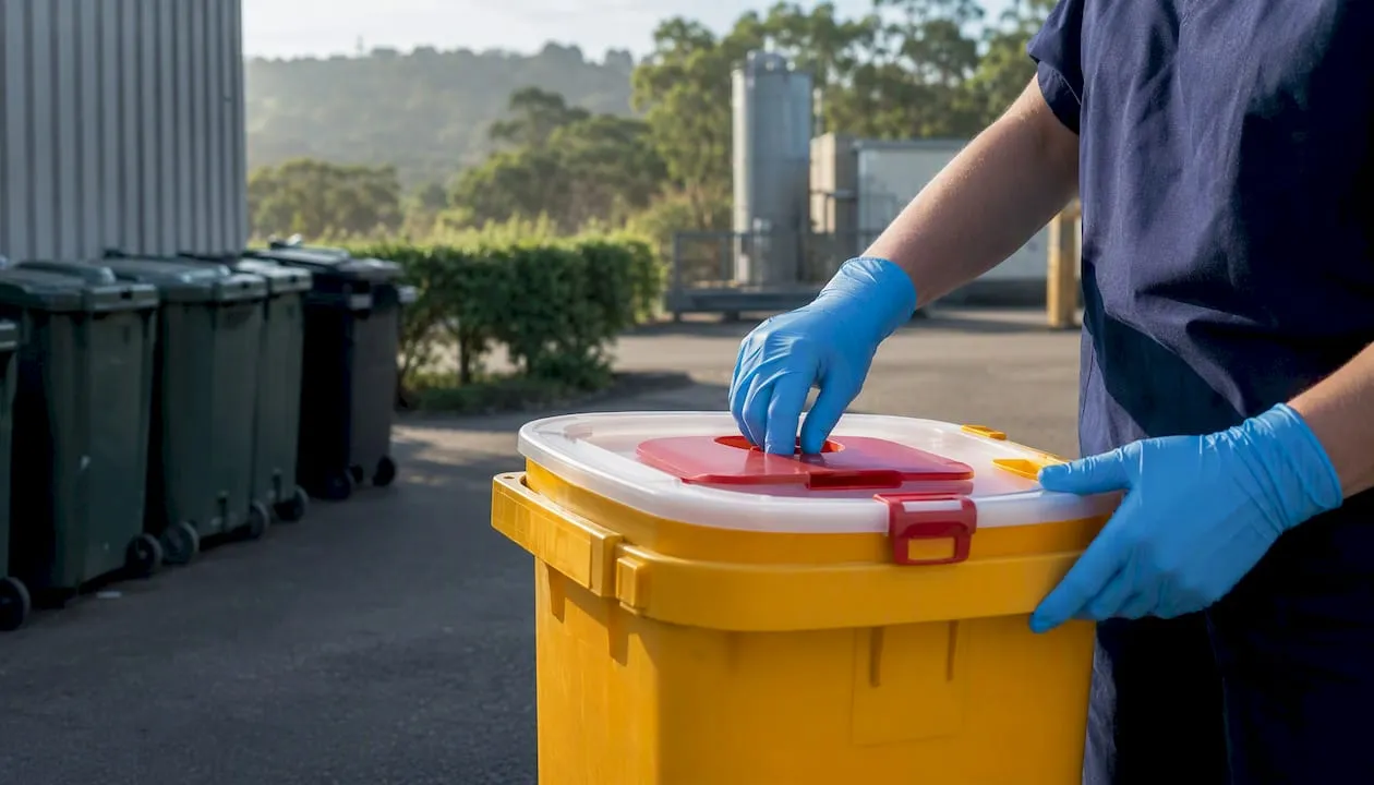 Healthcare worker wearing blue gloves closing a yellow clinical waste container outdoors