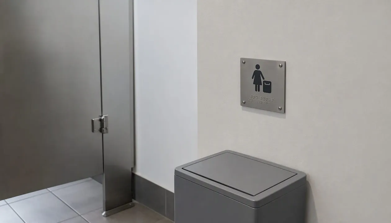 Grey sanitary disposal bin beneath a braille washroom sign next to a restroom stall