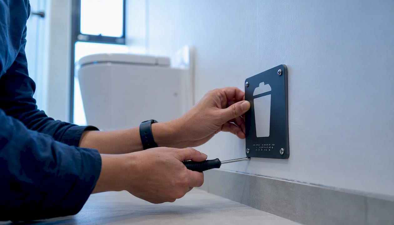 Hand installing compliant sanitary bin sign