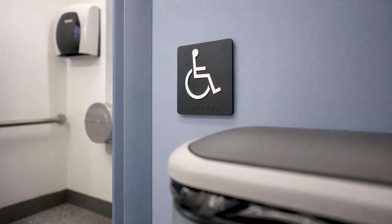 Accessible toilet tactile signage above sanitary bin