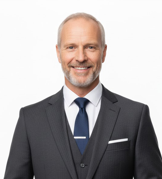 Portrait of a man sitting on a chair, looking forward.