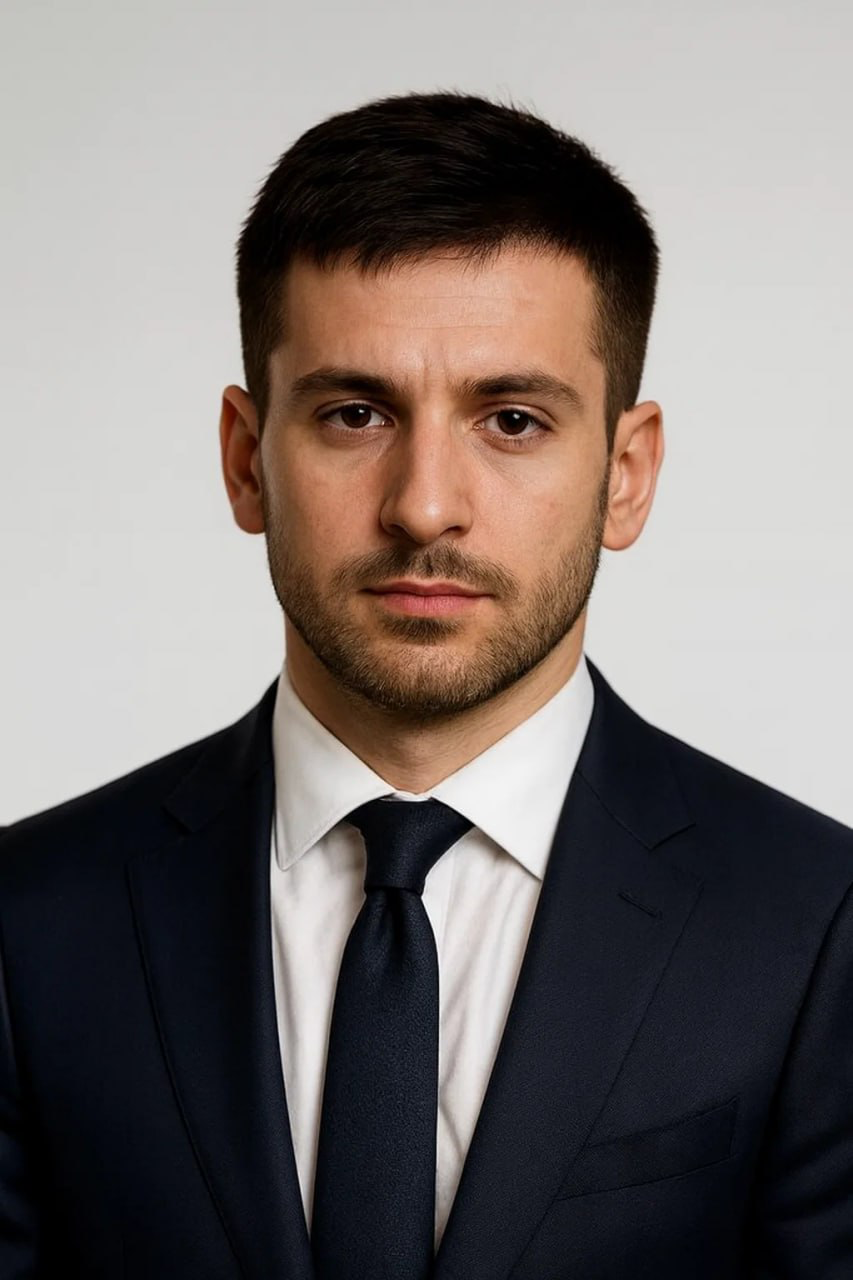 Portrait of a man sitting on a chair, looking forward.