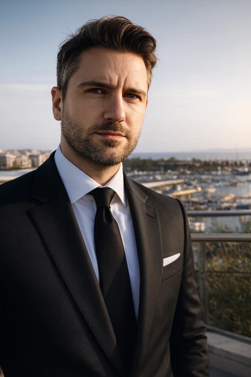 Portrait of a man sitting on a chair, looking forward.
