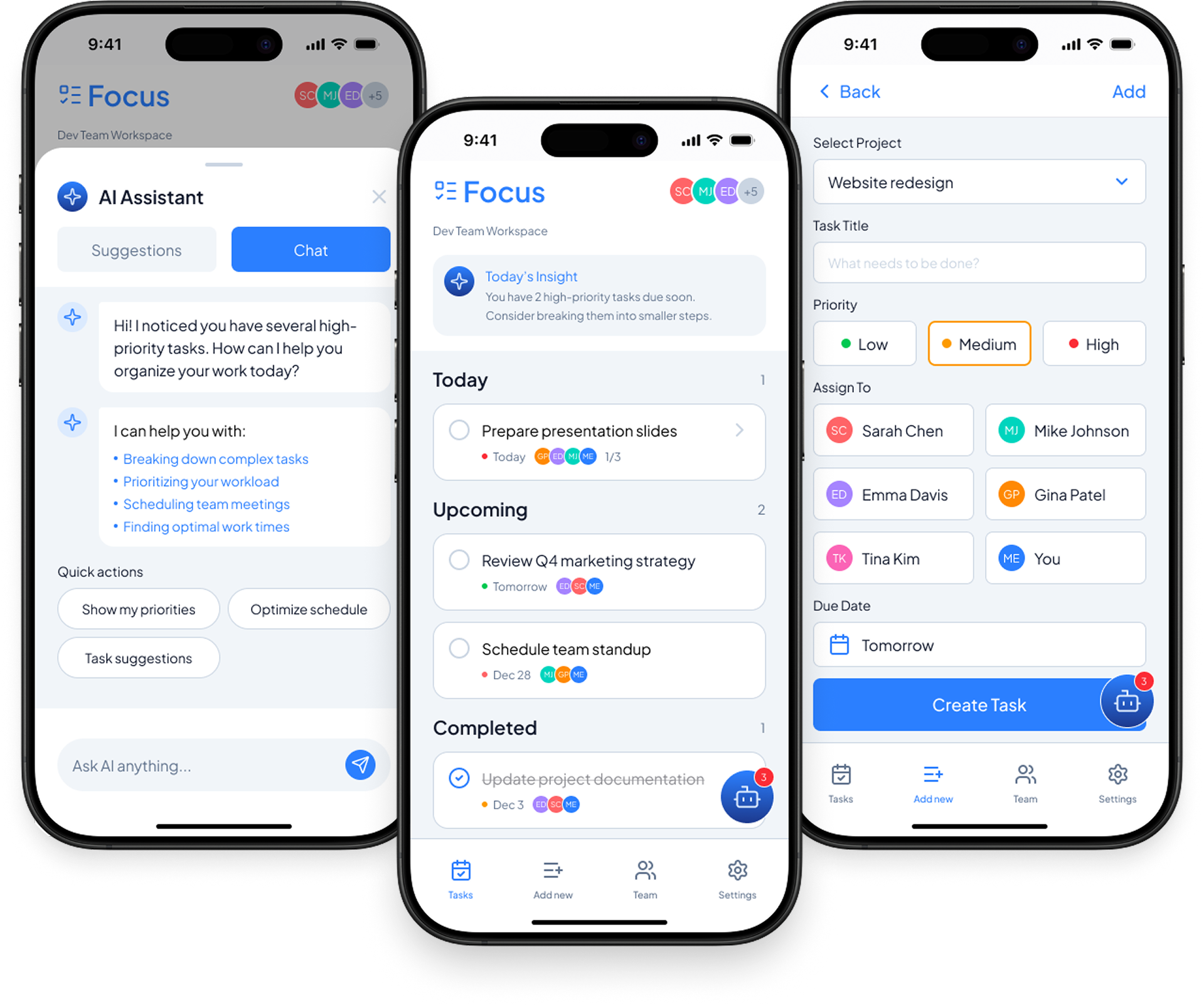 Focus task management app mockup showing home screen and key workflow screens