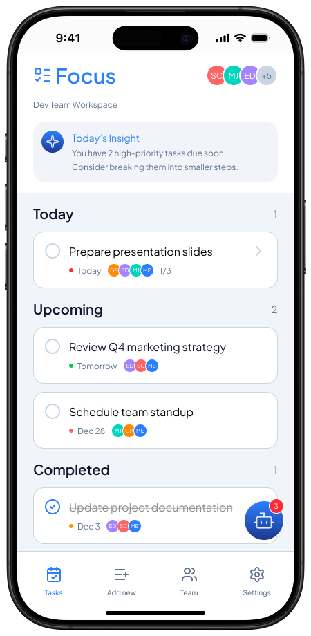 Focus collaborative task management app home screen showing tasks, priorities, and team activity