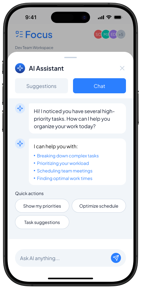 Focus task management app AI assistant chat screen for task guidance and workflow support
