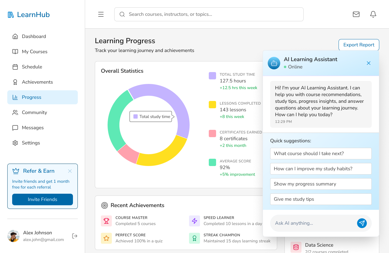 LearnHub progress screen with AI assistant providing learning insights and progress guidance