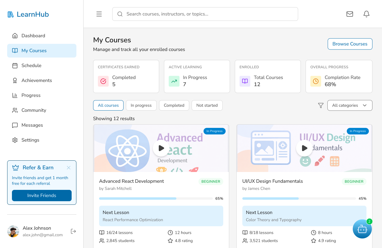 LearnHub my courses screen showing enrolled courses and learning progress overview