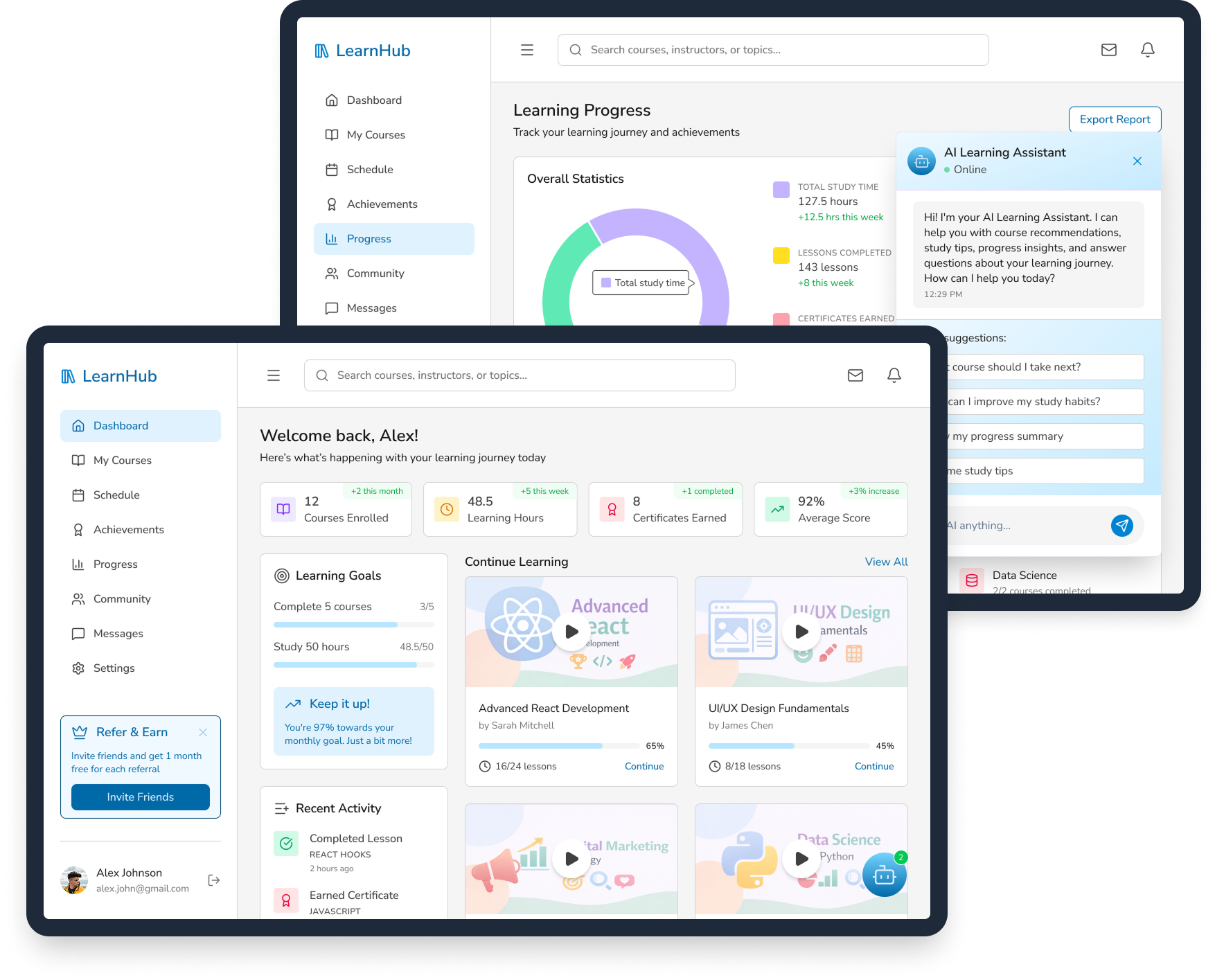 LearnHub e-learning webapp mockup showing dashboard and learning progress screens