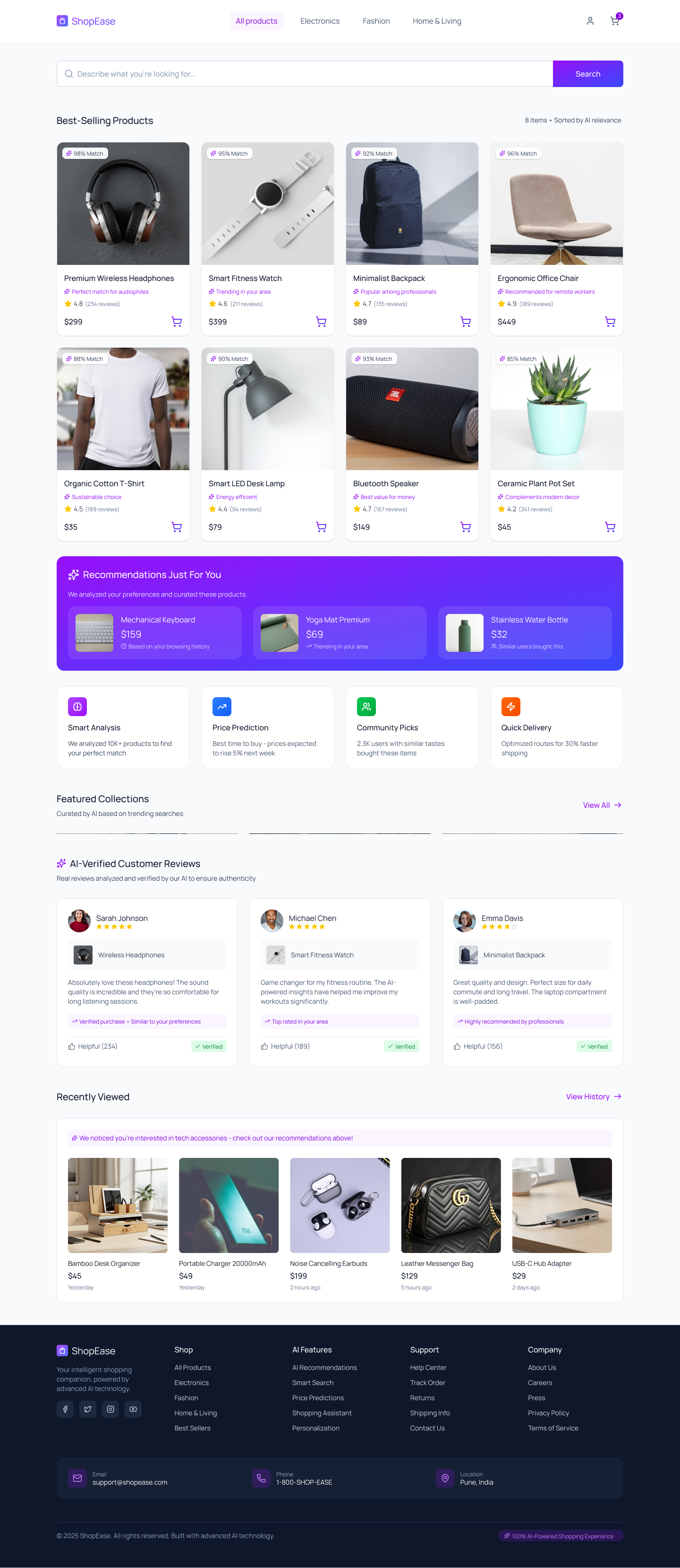ShopEase e-commerce homepage with product listings including headphones, fitness watch, backpack, office chair, T-shirt, desk lamp, speaker, and plant pot, plus personalized recommendations, AI-verified reviews, and recently viewed tech accessories.