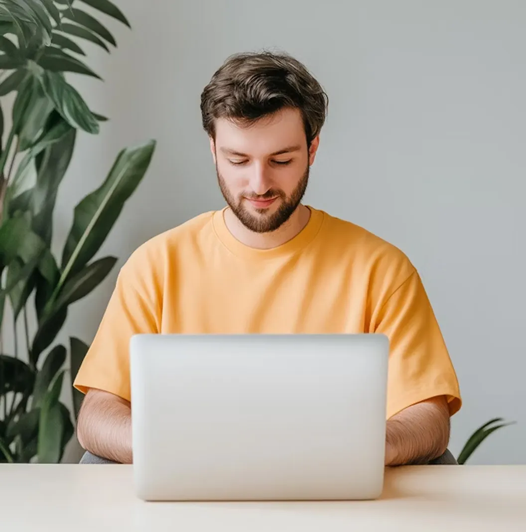 Young man with beard wearing a yellow shirt working on a silver laptop at a desk with green plants in the background.