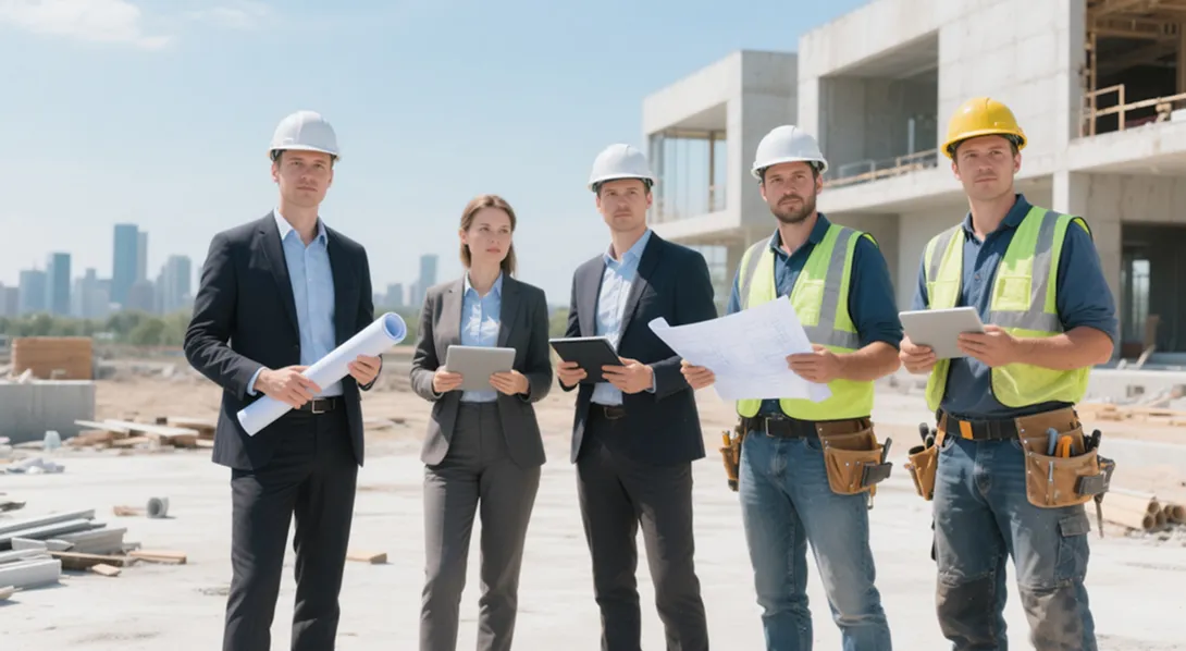 Group of construction professionals standing at a building site, with two wearing suits and helmets holding tablets and blueprints, and three wearing safety vests and helmets with tools.