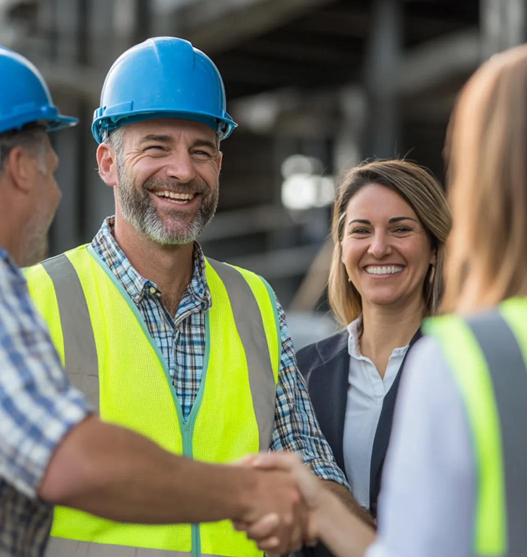 Construction workers wearing blue helmets and reflective vests smiling and shaking hands with a businesswoman at a site.