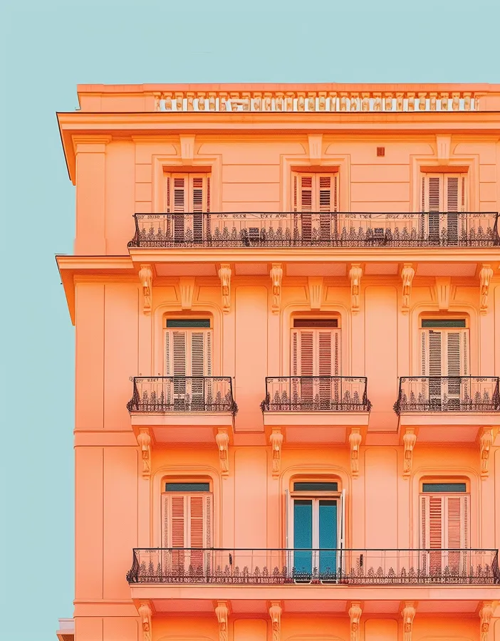 Orange building facade with multiple balconies and closed shutters under a clear blue sky.