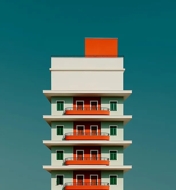 Modern multi-story building with symmetrical orange balconies and green windows set against a clear blue sky.
