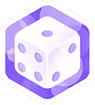 White six-sided die showing four, five, and six dots inside a purple hexagonal border.