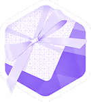Hexagonal purple gift box with a white ribbon tied in a bow on top.