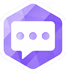 Purple hexagonal icon with a white speech bubble containing three dots.