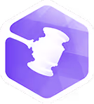 White judge’s gavel icon on a purple hexagonal background.