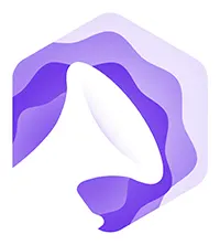 White megaphone with purple layered abstract shapes in the background.