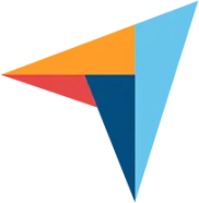 Abstract geometric logo with overlapping triangles in orange, red, dark blue, and light blue.