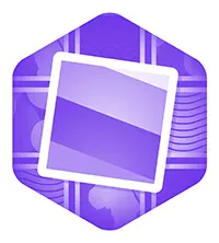 Purple hexagonal icon with overlapping tilted square photos and abstract striped background.