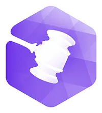 White judge's gavel icon on a purple hexagonal background.