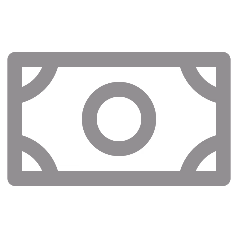 Simple gray icon of a paper money bill with a central circle and corner markings.