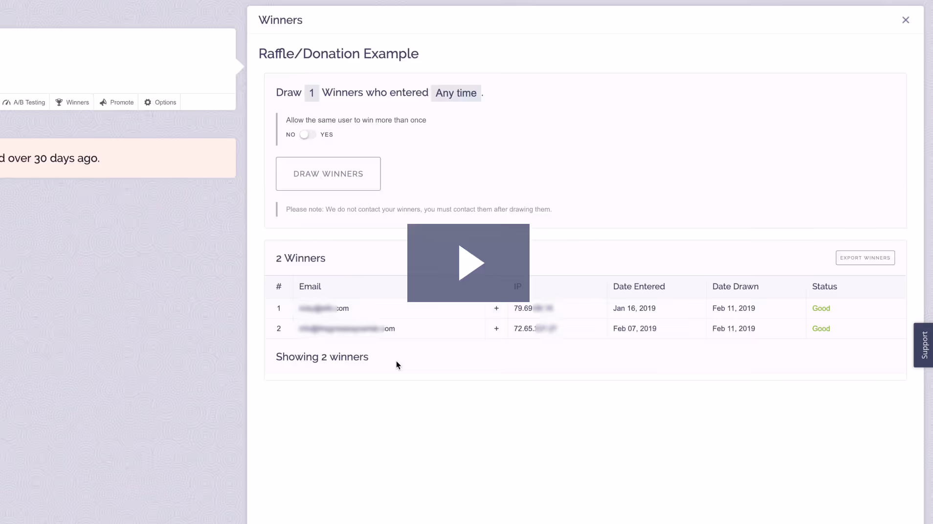 Screenshot of a raffle donation dashboard showing options to draw winners, with a list of two winners including email addresses, IP addresses, date entered, date drawn, and status marked as good.