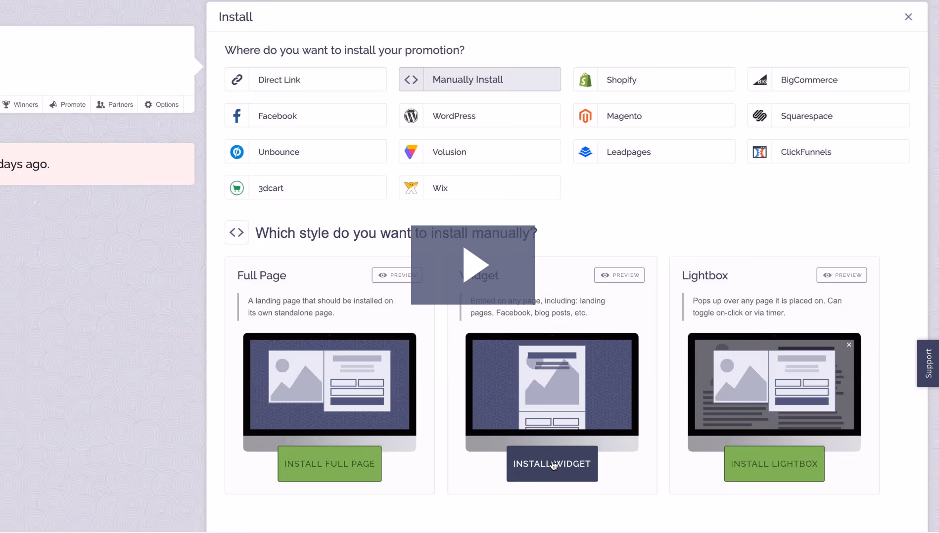 Installation options screen showing platforms like Direct Link, Facebook, Shopify, WordPress, Magento, and installation styles Full Page, Widget, and Lightbox with corresponding preview images and install buttons.