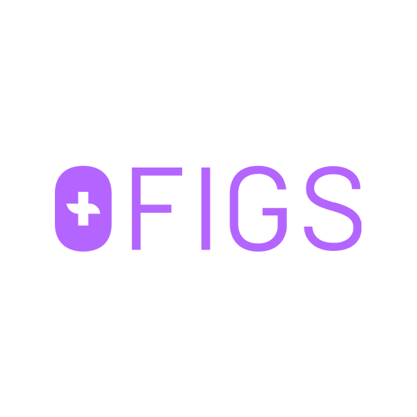 FIGS logo with a purple capsule featuring a white cross on the left and the word FIGS in purple letters on a black background.