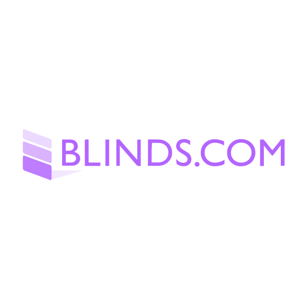 Blinds.com logo in purple with stylized window blinds graphic.