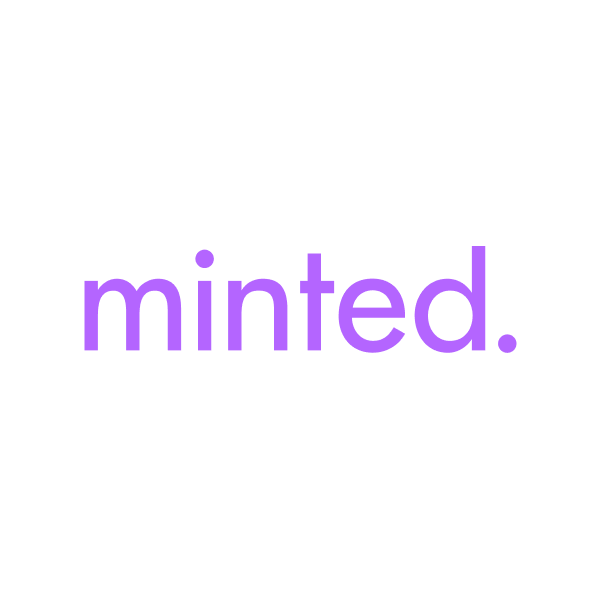 Minted brand name in lowercase purple text on a black background.