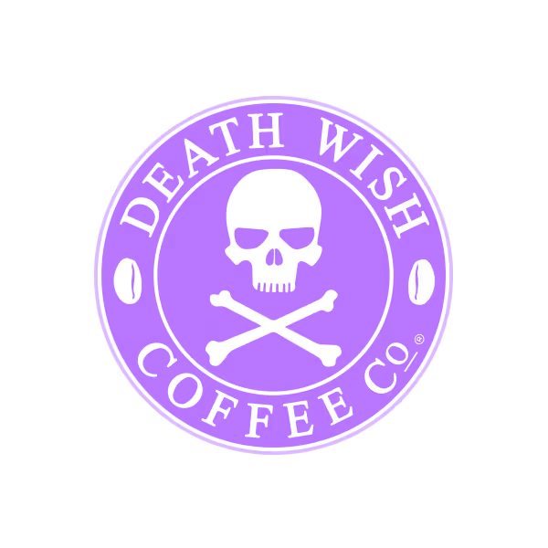 Death Wish Coffee Co logo featuring a skull with crossed bones inside a purple circular badge.