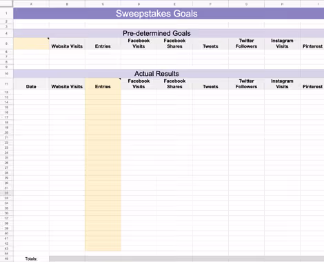Spreadsheet titled Sweepstakes Goals with columns for predetemined goals and actual results, including website visits, entries, Facebook visits and shares, tweets, Twitter followers, Instagram visits, and Pinterest.