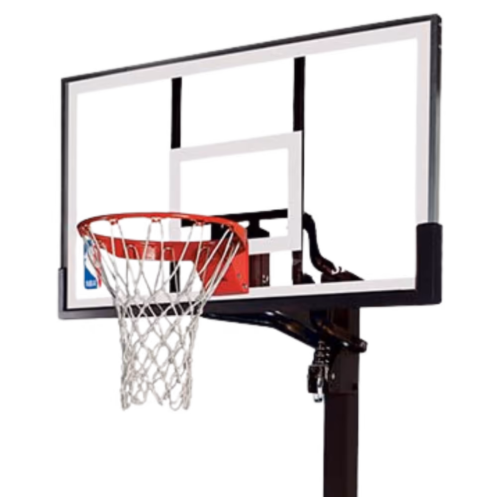 Basketball hoop with red rim, white net, and transparent backboard mounted on a black pole.