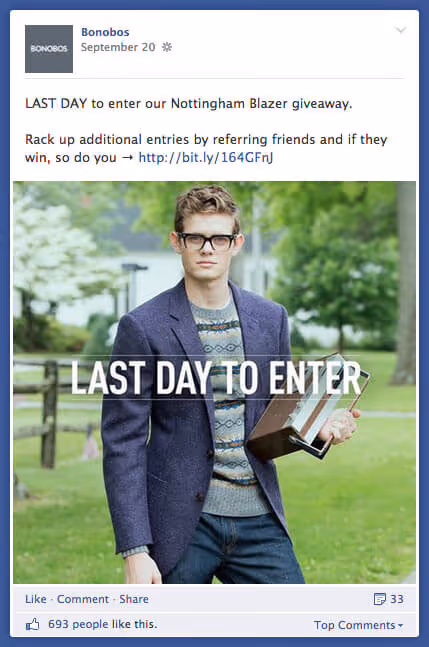 Social media post from Bonobos promoting the last day to enter a Nottingham Blazer giveaway, featuring a man in glasses wearing a blazer holding books outdoors.