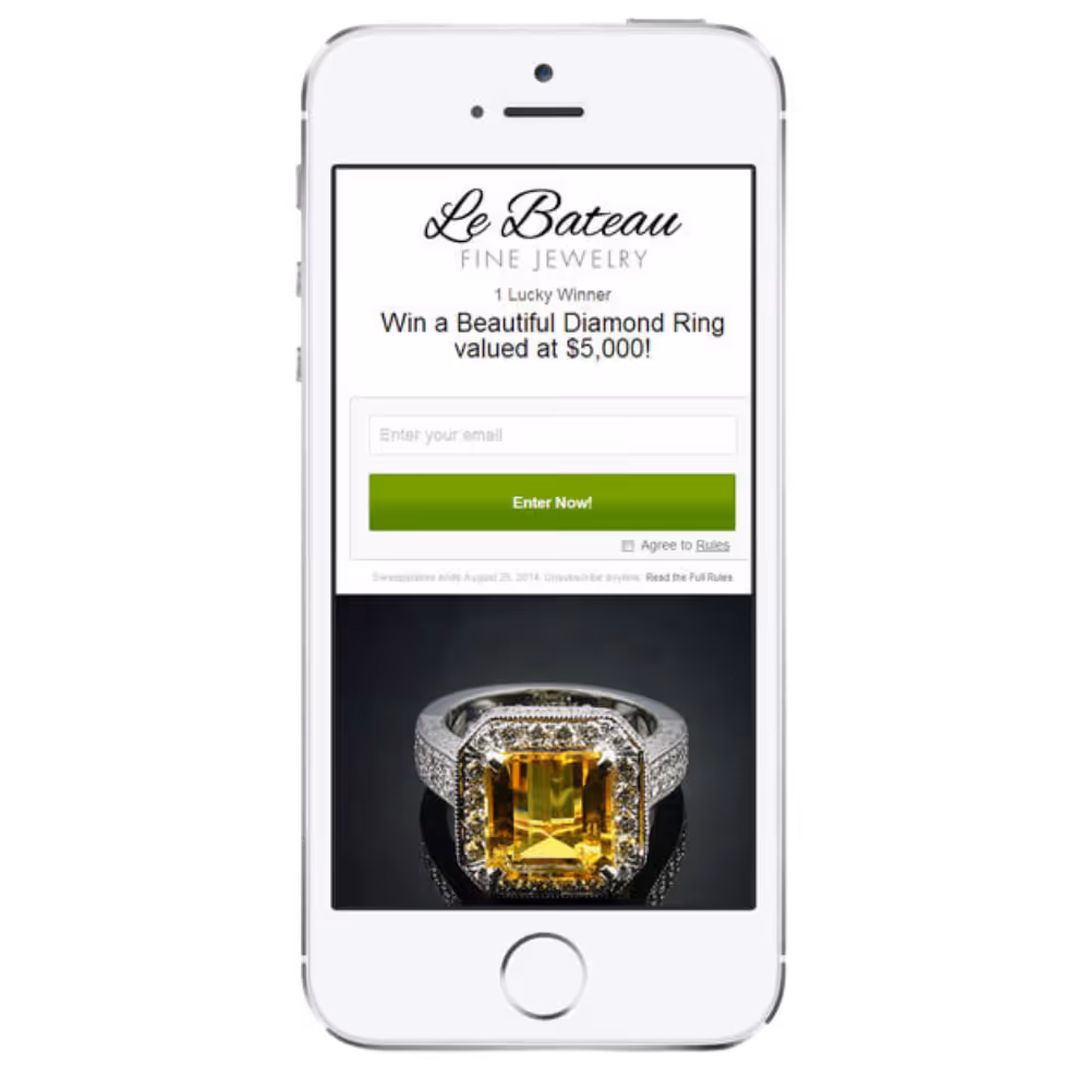 Smartphone screen displaying Le Bateau Fine Jewelry contest to win a diamond ring valued at $5,000 with an email entry field and a yellow gemstone ring image.