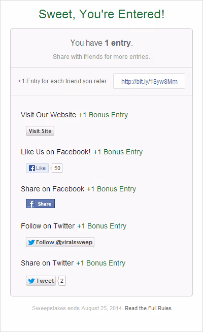 Sweepstakes entry confirmation page showing one entry and options to gain bonus entries by sharing or following on social media platforms.