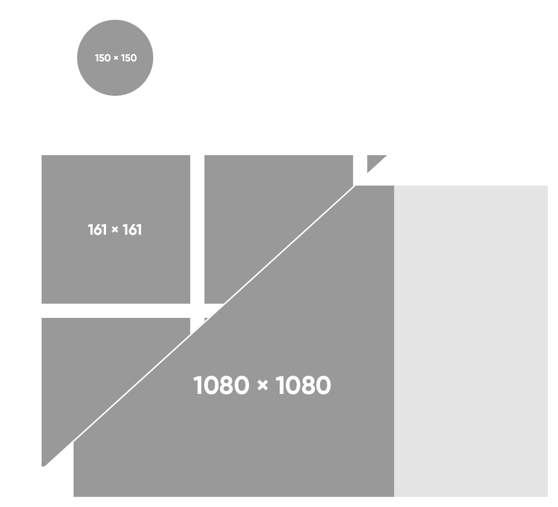 Black background divided diagonally showing white text dimensions 150x150, 161x161, and 1080x1080 pixels.