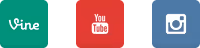 Vine, YouTube, and Instagram social media icons in teal, red, and brown squares.
