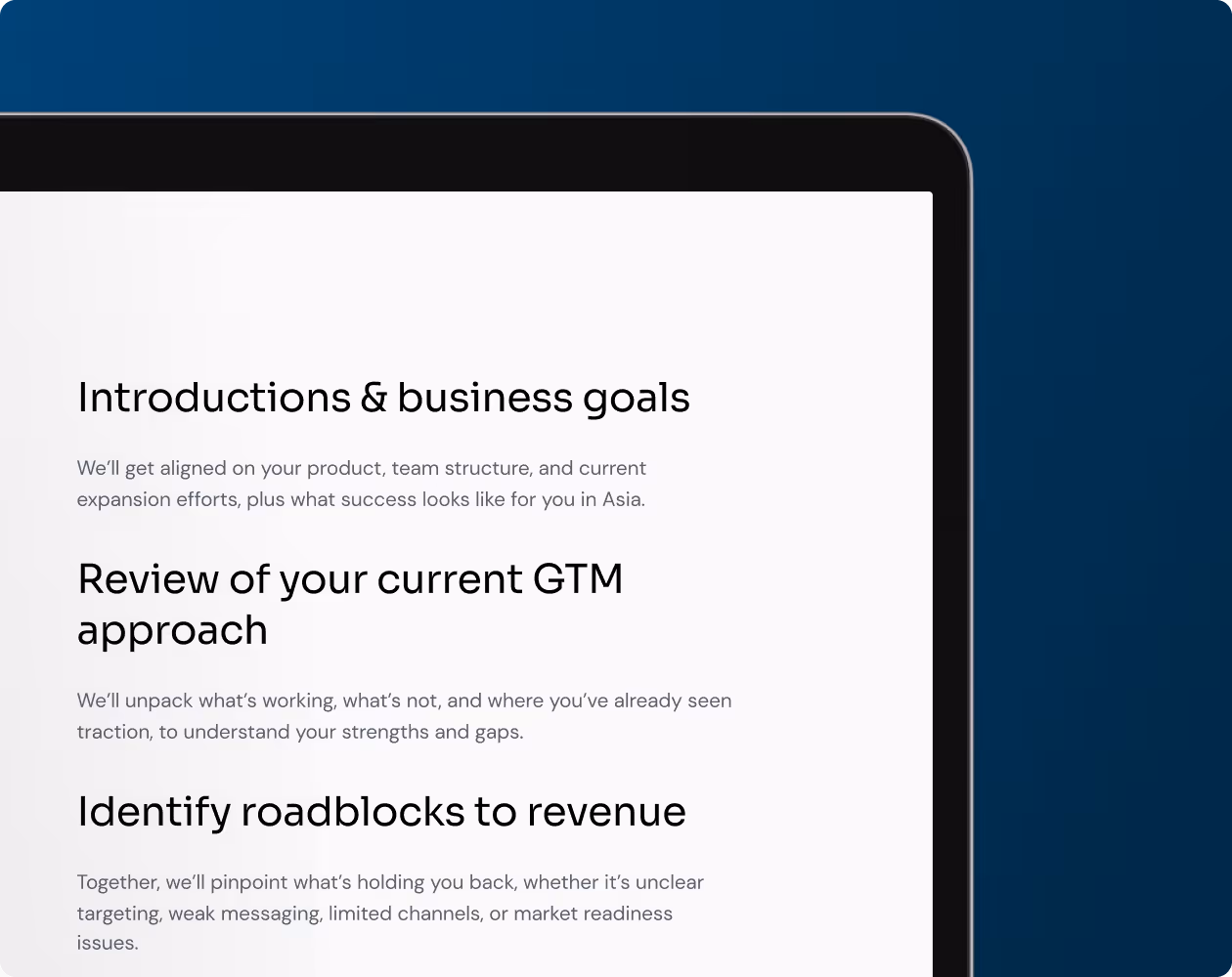 Tablet screen displaying text about aligning business goals, reviewing current GTM approach, and identifying revenue roadblocks.