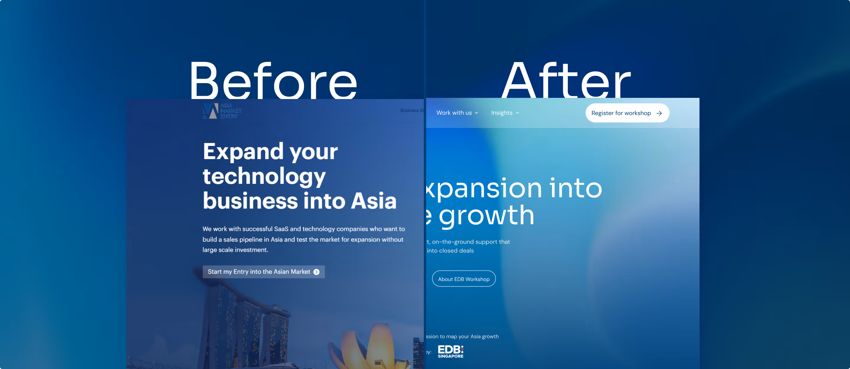 Side-by-side comparison of website before and after redesign with improved navigation, clearer call to action, and modern blue gradient background.