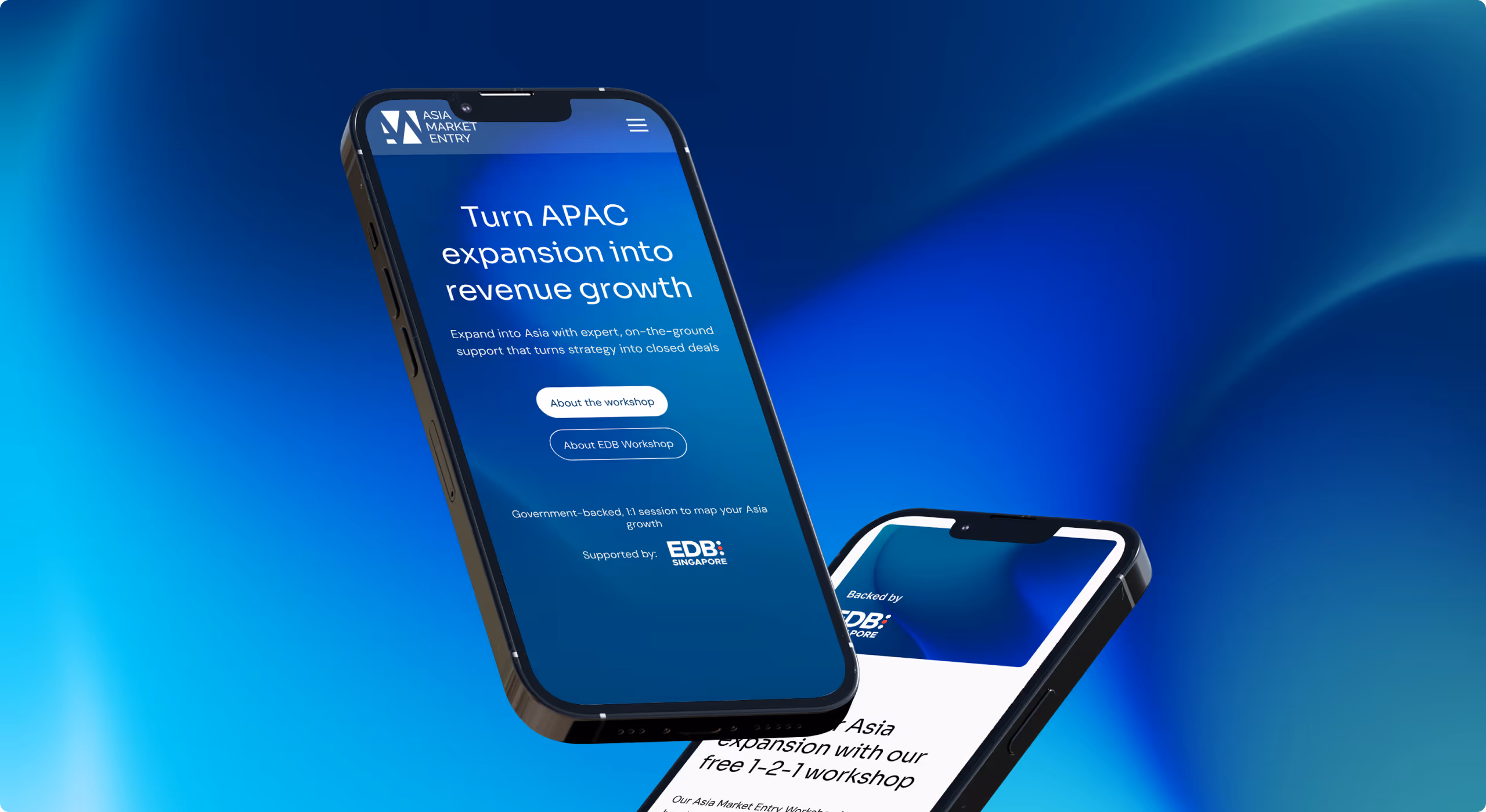 Two smartphones displaying information about an Asia Market Entry workshop focusing on turning APAC expansion into revenue growth with expert support, backed by EDB Singapore.